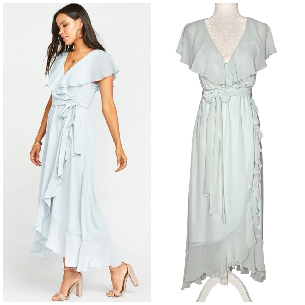 Show Me Your Mumu XS Bridesmaid Ruffle Wrap Empire Maxi Dress Prom Sheer Chiffon